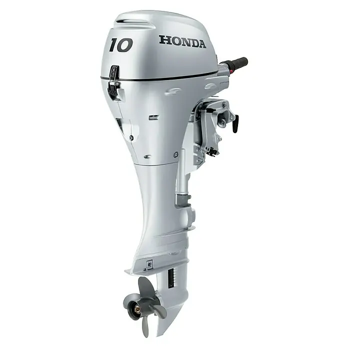 Honda Marine Außenbordmotor BF 10 SHSU - 7,4 kW, Pinnensteuerung, Kurzschaft, Elektrostart - Honda BF10 Außenbordmotor in Silber, ein kompakter und zuverlässiger Motor für kleinere Boote und Anwendungen.