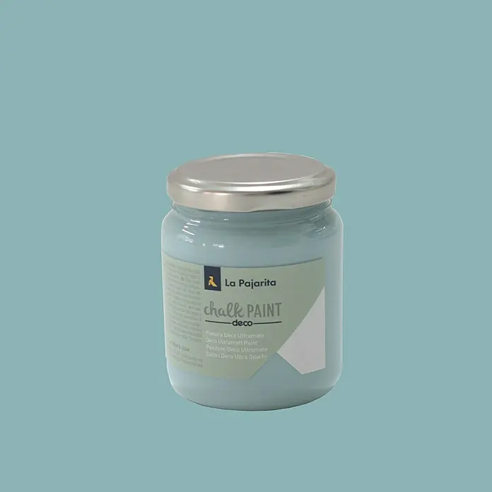 La Pajarita Pintura de tiza Chalk Paint - Pacific Island, 175 ml, Mate - Un bote de pintura a la tiza La Pajarita Deco en un tono azul claro, ideal para muebles y decoración.