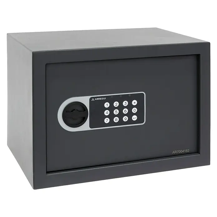 Arregui Caja fuerte 16501-S0 - L x An x Al: 23 x 17 x 17 cm, Tipo de bloqueo: Códigos de usuario - Caja fuerte gris Arregui con teclado digital y botón giratorio, que ofrece seguridad para objetos de valor. Ideal para casa u oficina.