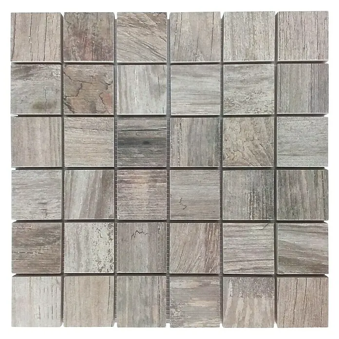 Malla mosaico Forest - 29 x 29 cm, Gris - Baldosa de mosaico cuadrada con textura de madera para suelos y paredes, ideal para interiores y acentos elegantes.