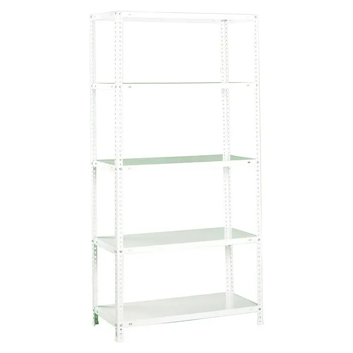 Simonrack Simonclassic Metallregal Advantage - H x B x T: 180 x 90 x 40 cm, Traglast pro Boden: 75 kg, Anzahl Böden: 5 Stk., Schrauben, Weiß - Das Bild zeigt ein weißes Metallregal mit fünf Regalböden. Das Regal ist schlicht und funktional gestaltet, ideal für Lagerung und Organisation.