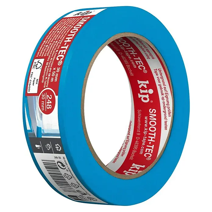 Kip Feinkreppband SMOOTH-TEC 248 - Blau, 50 m x 30 mm - Nahaufnahme von Kip Smooth-Tec® Malerkreppband, 30mm x 50m, für präzise Farbkanten und saubere Malerarbeiten.