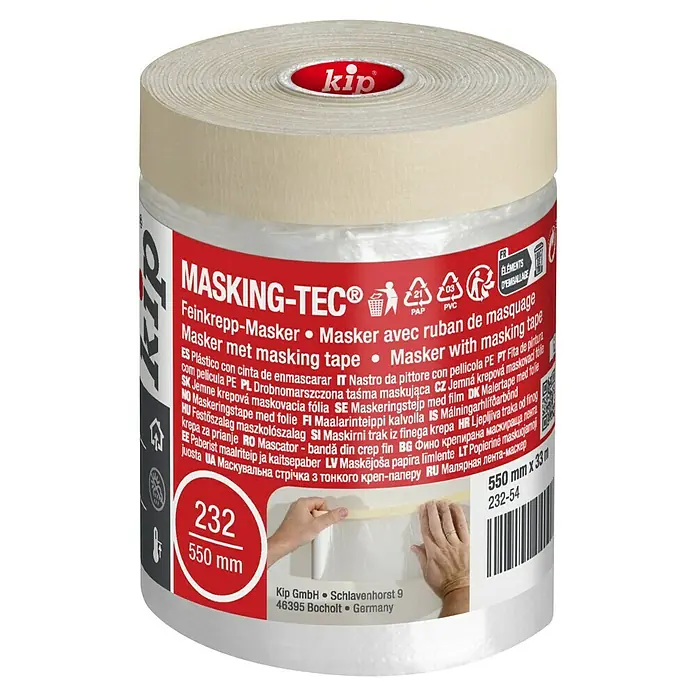 Kip Kleberand-Abdeckfolie 232 - L x B: 33 m x 55 cm - Produktbild von Kip Masking-TEC® Feinkrepp-Masker: Ideal zum Abdecken und für saubere Farbkanten, 550mm x 33m, für professionelle Malerarbeiten.