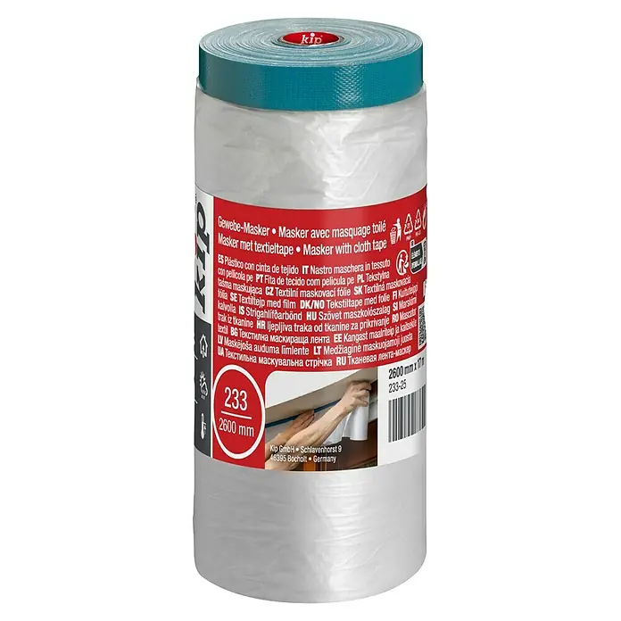 Kip Kleberand-Abdeckfolie 233 - L x B: 17 x 2,6 m - Bild eines Kip Gewebe-Maskers mit Abmessungen von 2600 mm x 17 m, ideal zum Abdecken und Schützen bei Malerarbeiten.