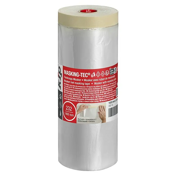 Kip Kleberand-Abdeckfolie 232 - L x B: 33 m x 140 cm - Eine Rolle Kip Masking-TEC® Abdeckfolie mit integriertem Feinkreppband zum schnellen und sauberen Abdecken bei Malerarbeiten.