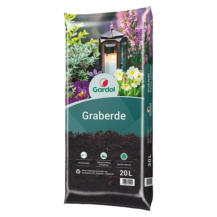 Gardol Graberde - 20 l - Abbildung einer 20L-Packung Gardol Graberde, einer hochwertigen Friedhofserde mit feiner Struktur und dunkler Färbung.