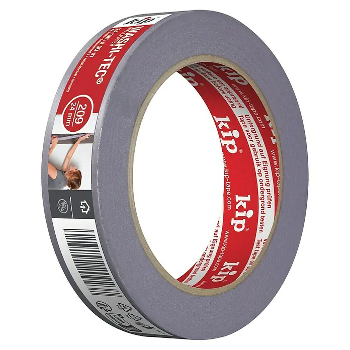 Kip Fineline-Tape Washi-Tec Tapete 209 - Selbstklebend, 50 m x 24 mm x 0,08 mm, Temperaturbeständigkeit: 0 °C - 90 °C - Nahaufnahme von einer Rolle grauen Kip Washi-Tec Klebebands. Das Klebeband ist für empfindliche Oberflächen wie Tapeten geeignet.