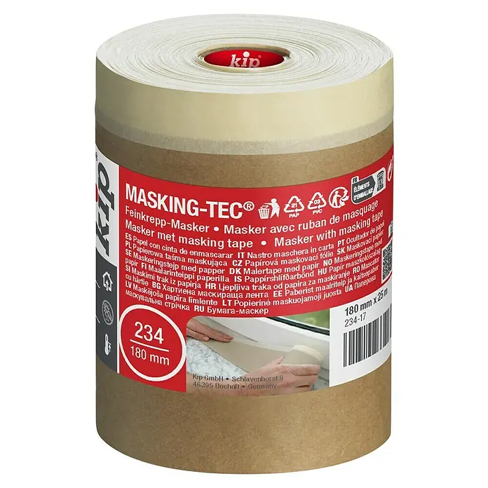 Kip Kleberand-Abdeckfolie 234 - 25 m x 18 cm - Eine Rolle Kip Masking-TEC® Feinkrepp-Masker, ein hochwertiges Abdeckband für saubere Farbkanten und Schutz bei Malerarbeiten.