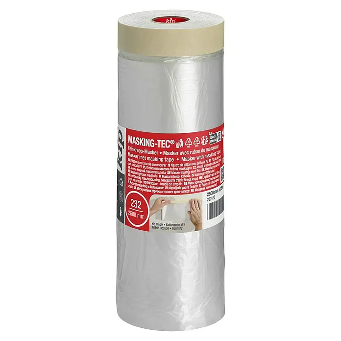 Kip Kleberand-Abdeckfolie 232 - L x B: 25 m x 260 cm - Rolle Kip Masking-TEC Feinkrepp-Masker mit Abdeckband und Folie zum schnellen und sauberen Abdecken von Flächen beim Malen und Lackieren.