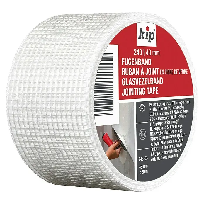 Kip Fugenband 243 - Selbstklebend, 20 m x 48 mm x 0,25 mm - Ein Rollenbild von Kip Fugenband 243 | 48 mm, einem Glasfaser-Fugenband für glatte Oberflächen und saubere Übergänge im Trockenbau.