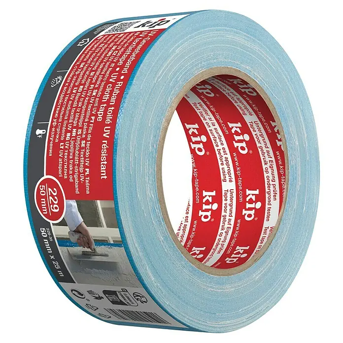 Kip UV-Gewebeband 229 - Wasserabweisend, 25 m x 50 mm x 0,3 mm, Laminiertes Polyethylen, Temperaturbeständigkeit: 40 °C - Textil-UV-Klebeband KIP 229, 50 mm x 25 m. Ideal zum Abdecken von Oberflächen mit hoher UV-Beständigkeit, für Innen & Aussen.
