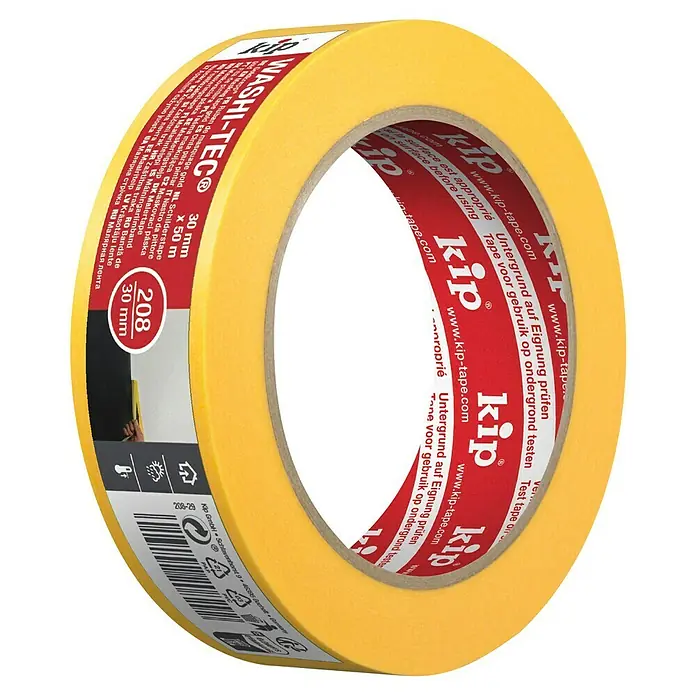 Kip Fineline-Tape Washi-Tec Universal 208 - Selbstklebend, 50 m x 30 mm x 0,09 mm, Temperaturbeständigkeit: 0 °C - 120 °C - Nahaufnahme einer Rolle KIP Washi-Tec Malerkreppband, 30 mm x 50 m, für präzise Malerarbeiten und saubere Farbkanten.