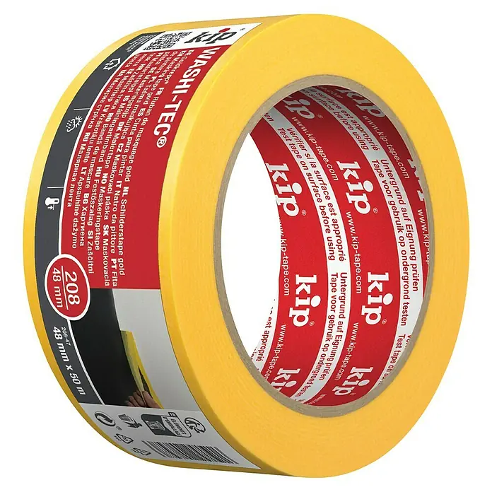 Kip Fineline-Tape Washi-Tec Universal 208 - Selbstklebend, 50 m x 48 mm x 0,09 mm, Temperaturbeständigkeit: 0 °C - 120 °C - Abbildung eines gelben Kip WASHi-TEC® Malerkreppbandes in der Größe 48mm x 50m, ideal für präzise Malerarbeiten und zum Abdecken.