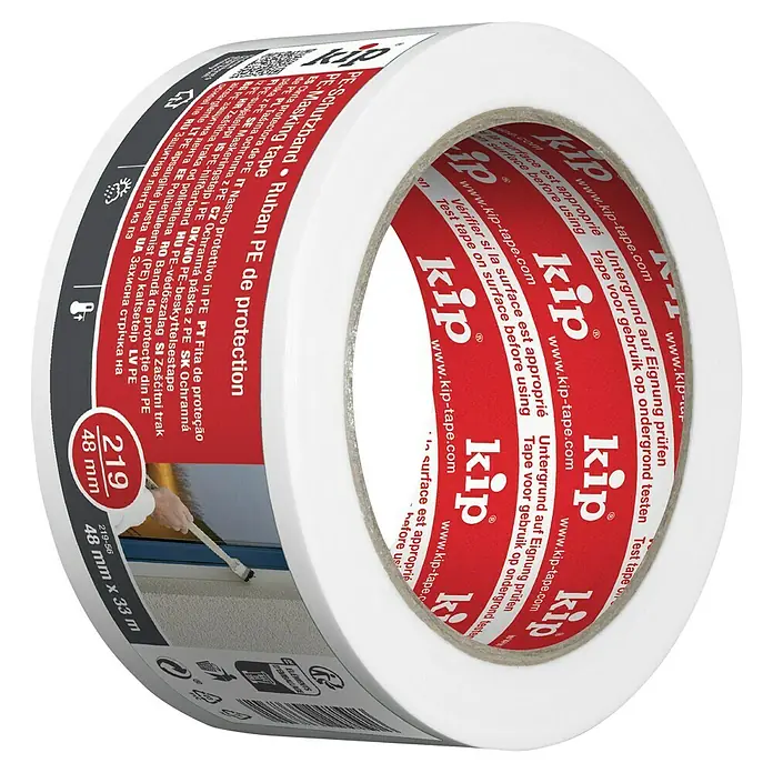 Kip PE-Schutzband 219 - Selbstklebend, 33 m x 48 mm, Stärke: 0,09 mm, Polyethylen, Temperaturbeständigkeit: 0 °C - 40 °C - Ein Rolle KIP PE-Schutzband, ideal zum Abdecken und Schützen von Oberflächen bei Malerarbeiten.