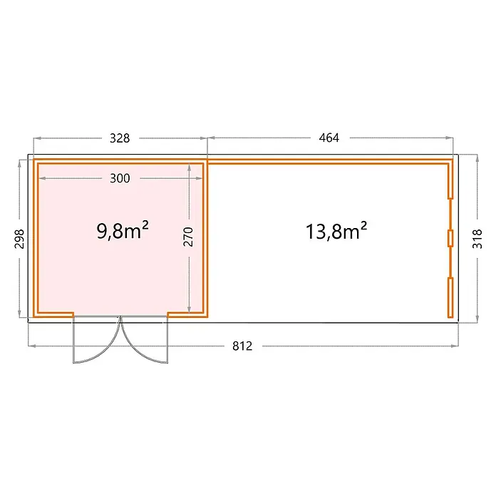 Telluria Metallgerätehaus Classico 3330 mit Lounge XL rechts inkl. 2 Fenster - Außenmaß inkl. Dachüberstand (B x T): 812 x 318 cm, Stahl, Anthrazit, Ohne Set - Bild des Grundrisses eines Gartenhauses mit Größenangaben, das die Gesamtfläche und die Maße der Räume zeigt.