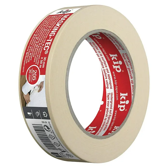 Kip Feinkreppband 205 - Selbstklebend, 50 m x 30 mm x 0,13 mm, Temperaturbeständigkeit: 0 °C - 80 °C - Abbildung einer Rolle Masking-Tec® Malerkrepp, 30 mm x 50 m, ideal für saubere Farbkanten und vielseitige Malerarbeiten.