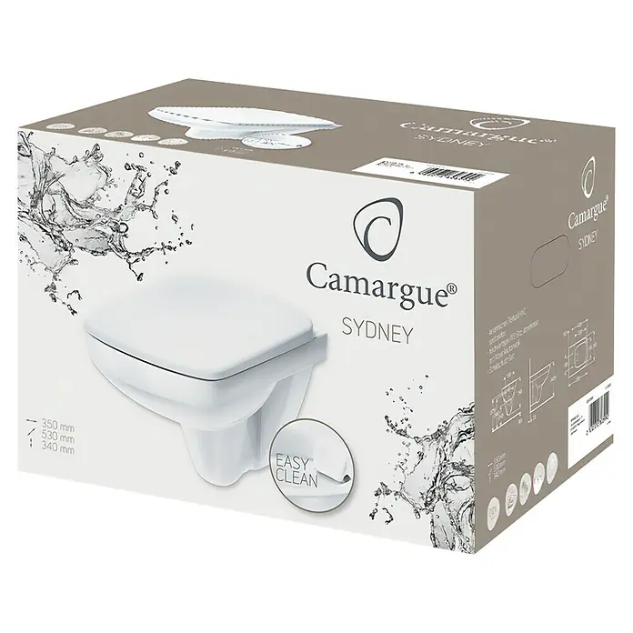 Camargue Sydney Wand-WC-Set Eckig - Spülrandlos, Ohne Spezialglasur, Spülform: Tief, WC Abgang: Waagerecht, Weiß - Bild einer Verpackung einer wandhängenden Camargue Sydney Toilette in Weiß, mit der Aufschrift "Easy Clean" und Wasserflecken.
