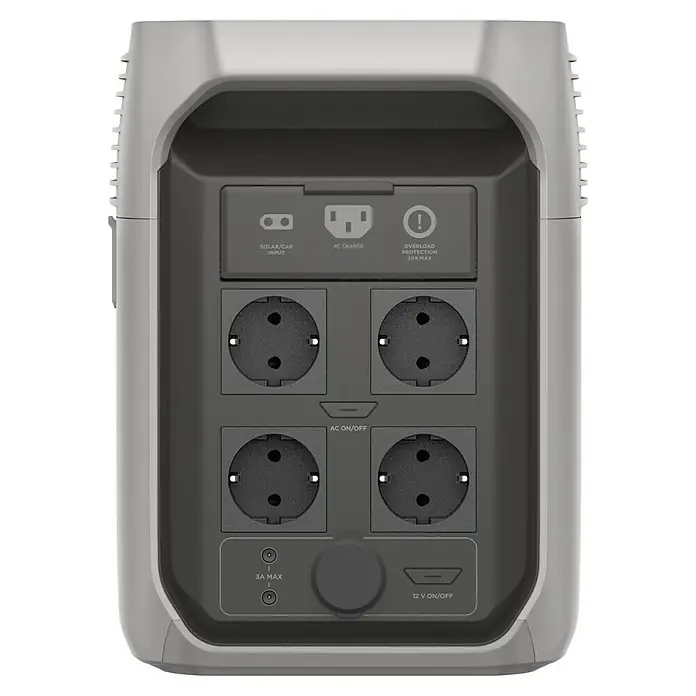 EcoFlow Powerstation Delta 3 - 0% MwSt. - 1.536 Wh, Grau - Rückansicht einer tragbaren Powerstation mit diversen Anschlüssen, darunter AC-Steckdosen, Solar-/Autoladeanschluss und 12V-Ausgang.