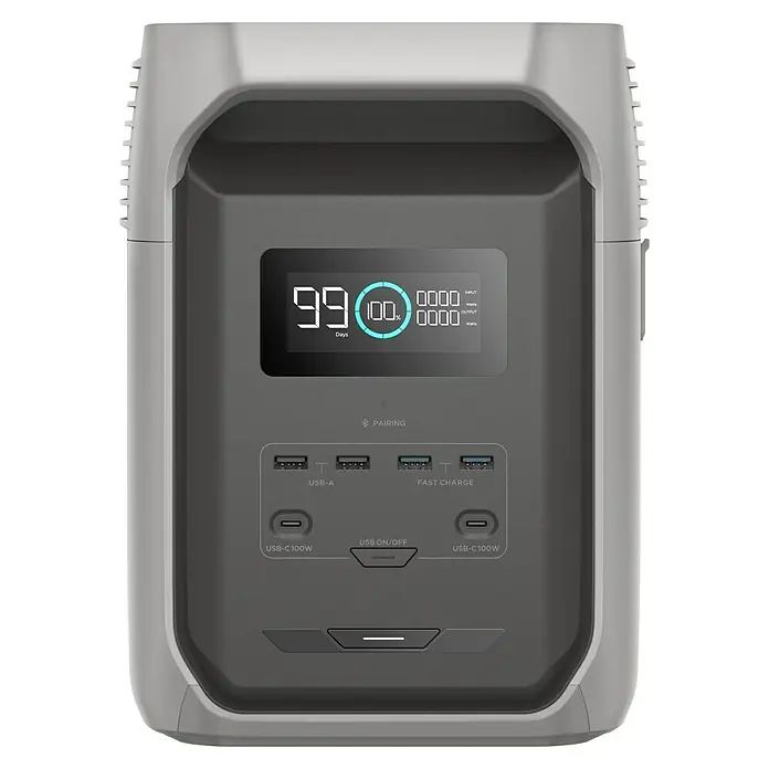 EcoFlow Powerstation Delta 3 - 0% MwSt. - 1.536 Wh, Grau - Ein tragbarer EcoFlow-Generator mit USB-Anschlüssen, der 99 Tage verbleibende Laufzeit und 100 % Ladung auf dem Display anzeigt.