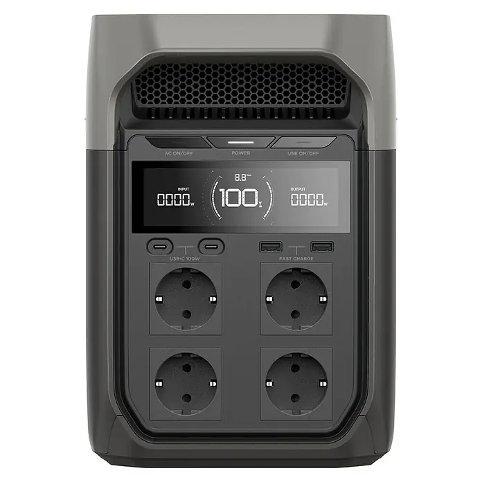EcoFlow Estación de energía portátil solar Delta 3 - 1.024 Wh, Gris - Vista de una estación de energía portátil con pantalla, enchufes y puertos USB, ideal para actividades al aire libre y como fuente de energía de emergencia.