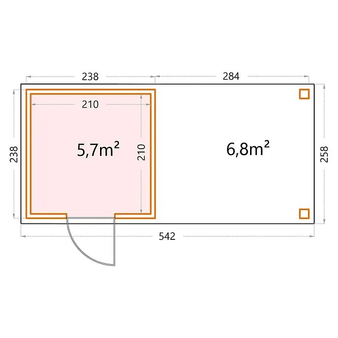 Telluria Metallgerätehaus Classico 2424 mit Open Lounge L rechts inkl. Elektro-Set - Außenmaß inkl. Dachüberstand (B x T): 542 x 258 cm, Stahl, Anthrazit, Inkl. Innenwandverkleidung & Elektro-Set - Grundriss einer Hütte mit zwei Zimmern mit einer Fläche von 5,7 m² und 6,8 m², die durch eine Tür verbunden sind und mit den Abmessungen versehen sind.