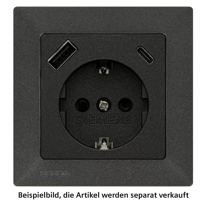 Siemens DELTA Mega USB-Steckdose SIE044530 - Carbon Metallic, Glänzend, Kunststoff, Unterputzmontage - Schwarze Steckdose mit Schuko-Steckplatz, USB-A- und USB-C-Ladeanschluss.