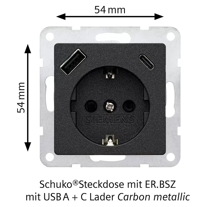 Siemens DELTA Mega USB-Steckdose SIE044530 - Carbon Metallic, Glänzend, Kunststoff, Unterputzmontage - Siemens Schuko Steckdose, 54x54mm, Carbon metallic, mit USB-A und USB-C Lader.