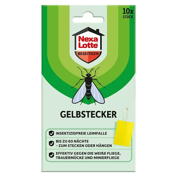 Nexa Lotte Beseitigen Gelb-Sticker - 10 Stk. - Grüne Verpackung für Nexa Lotte Gelbstecker, zeigt Insektengrafik und Text zur insektizidfreien Wirkung von 10 Fallen.