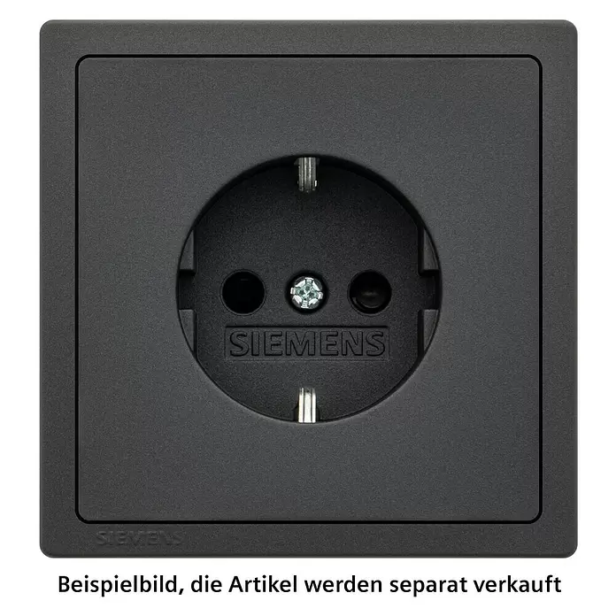 Siemens Delta Style Abdeckrahmen SIE044493 - Anthrazit Cosso, 1-fach, Kunststoff - Matte schwarze Schuko-Steckdose mit Erdungskontakten, zwei runden Öffnungen, Zentralschraube und Siemens-Logo.