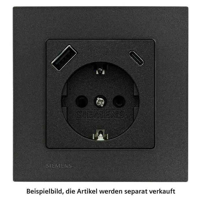 Siemens DELTA Mega USB-Steckdose SIE044530 - Carbon Metallic, Glänzend, Kunststoff, Unterputzmontage - Schwarze Schuko-Steckdose mit integrierten USB-A und USB-C Ladeanschlüssen, Siemens-Logo.