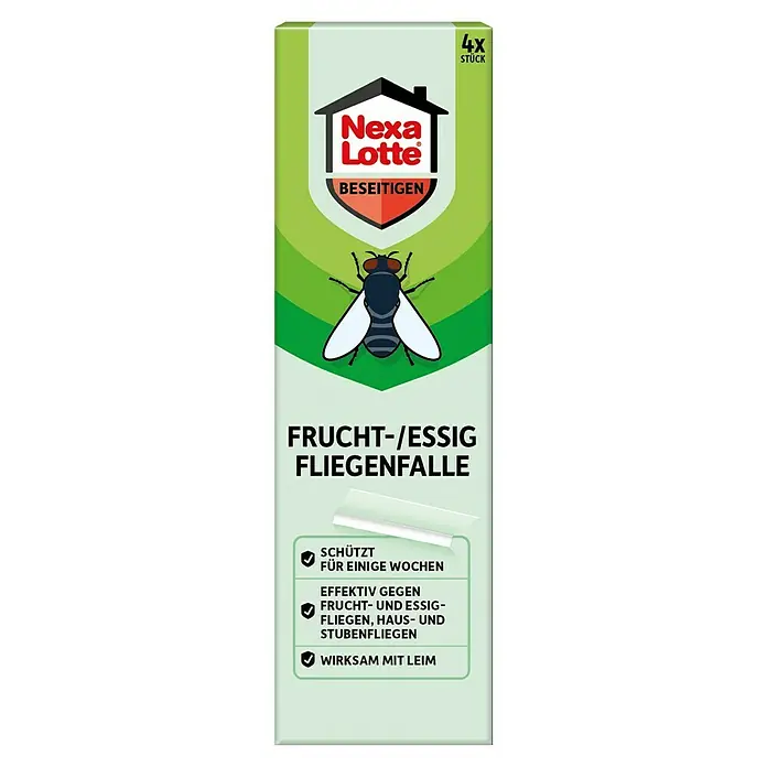 Nexa Lotte Beseitigen Fruchtfliegen-Falle - 4 Stk. - Nexa Lotte Frucht-/Essig-Fliegenfalle mit dem Logo des Herstellers, einer Illustration einer Fliege und Hinweisen zum Produkt.