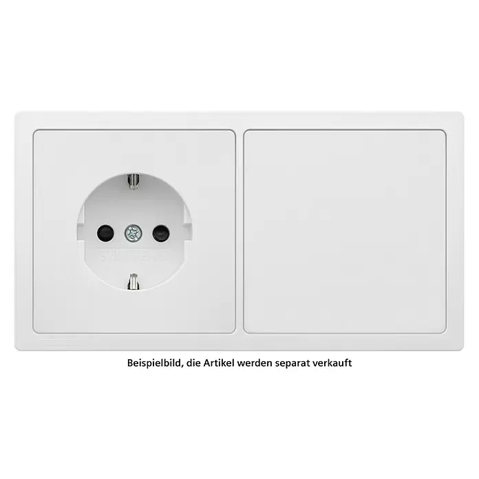 Siemens Delta Style Abdeckrahmen SIE044349 - Polar Weiß, 2-fach, Kunststoff, Schrauben - Weißer Doppelrahmen für Steckdosen mit einer Schuko-Steckdose und einer Blindabdeckung, mit Siemens-Logo.