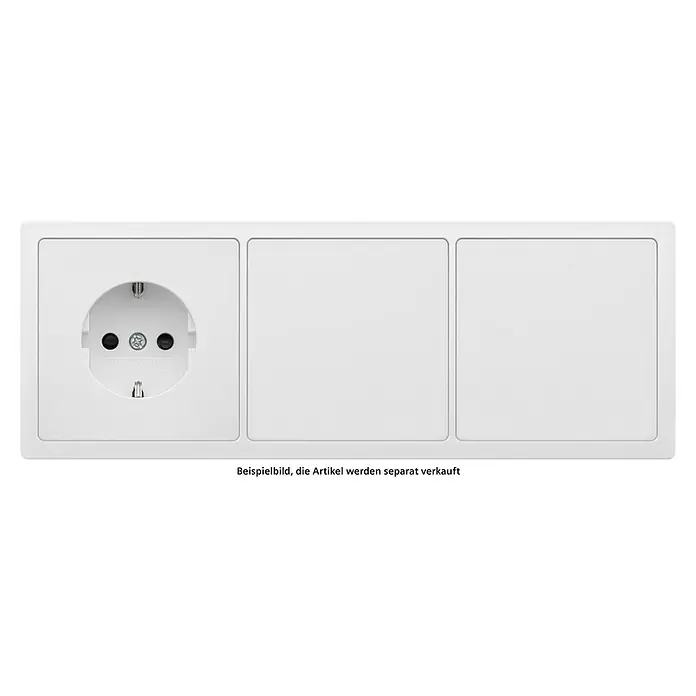 Siemens Delta Style Abdeckrahmen SIE044356 - Polar Weiß, 3-fach, Kunststoff, Schrauben - Weißer Siemens Dreifachrahmen mit einer Schuko-Steckdose und zwei Blindabdeckungen.