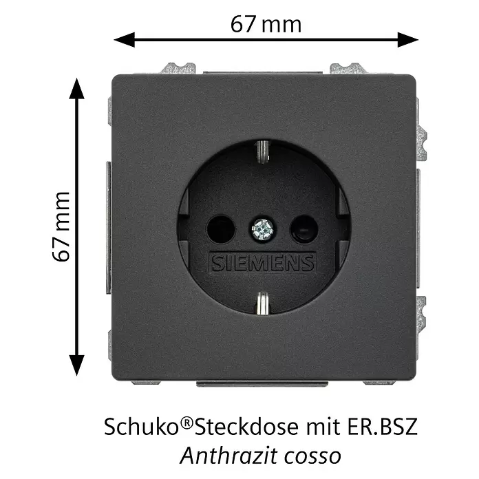 Siemens Delta Style Steckdose SIE044424 - Anthrazit Cosso, Glänzend, Kunststoff, Unterputzmontage - Siemens Schuko®-Steckdose in Anthrazit cosso, 67x67mm, mit ER.BSZ.