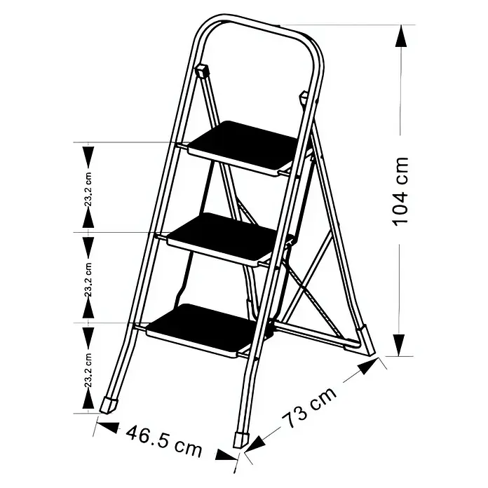 Klapptritt - Anzahl Tritte: 3 Stk., Arbeitshöhe: 2,7 m, Belastbarkeit: 150 kg, Metall - Illustration einer dreistufigen Trittleiter mit Maßangaben für Höhe, Breite und Stufenabstand.
