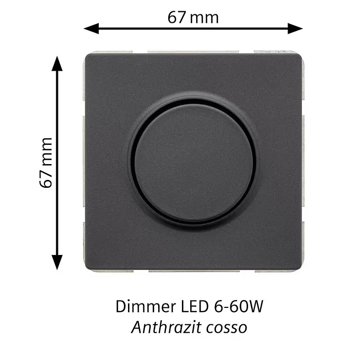 Siemens Delta Style Dimmer SIE044486 - Anthrazit Cosso, Schrauben - Quadratischer LED-Dimmer in Anthrazit, 67x67mm, 6-60W, mit zentralem Drehknopf.