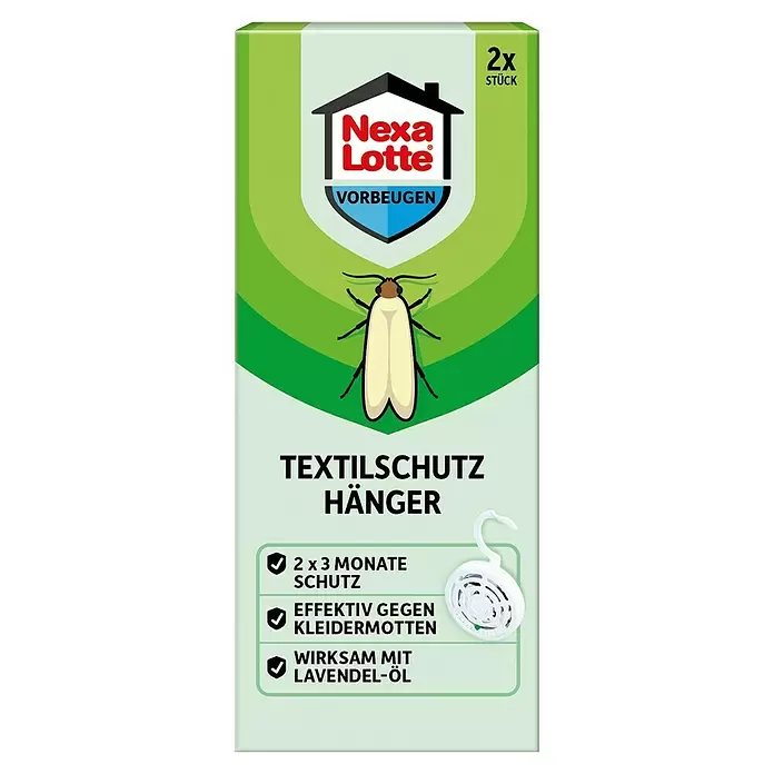 Nexa Lotte Vorbeugen Mottenschutz-Hänger - 2 Stk. - Grüne Nexa Lotte Mottenstopper-Packung mit zwei weißen Textilschutz-Hängern, wirksam mit Lavendelöl.