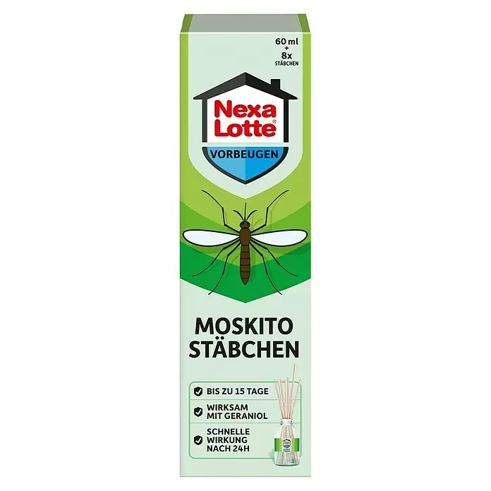 Nexa Lotte Vorbeugen Moskito-Stäbchen - 60 ml - Grüne Nexa Lotte Mückenabwehrstäbchen-Box mit Mückengrafik.