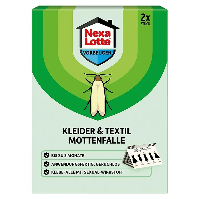 Nexa Lotte Vorbeugen Kleidermottenfalle - 2 Stk. - Nexa Lotte Kleider- & Textilmottenfalle: Vorbeugung gegen Mottenbefall, anwendungsfertig und geruchlos, mit Sexuallockstoff. 2 Stück im Lieferumfang.