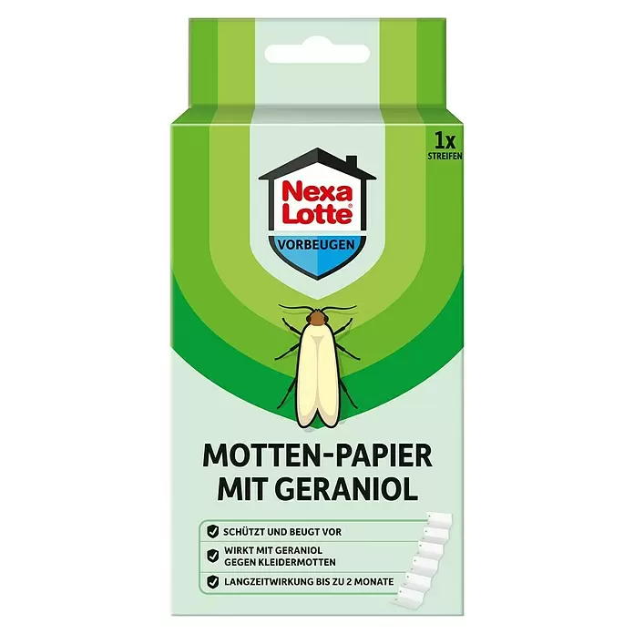 Nexa Lotte Vorbeugen Mottenschutz Papier - 1 Stk., Geraniol - Nexa Lotte Mottenpapier mit Geraniol Verpackung, hellgrün mit Motten-Illustration, beschriftet mit 'Motten-Papier mit Geraniol' und '1x Streifen'.