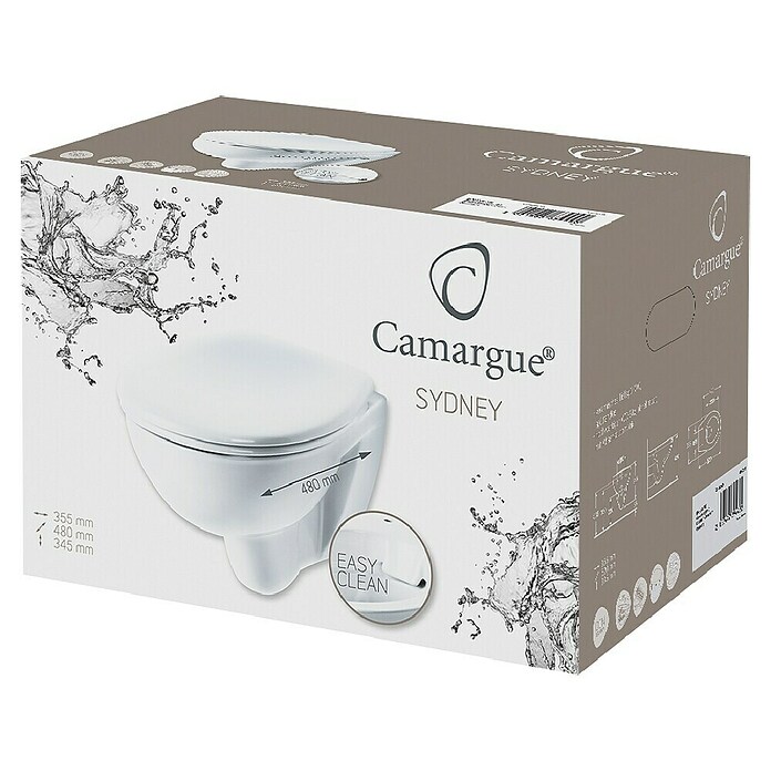 Camargue Sydney Wand-WC-Set (Spülrandlos, Ohne Spezialglasur, Spülform: Tief, WC Abgang: Waagerecht, Weiß, Länge: 48 cm) | BAUHAUS