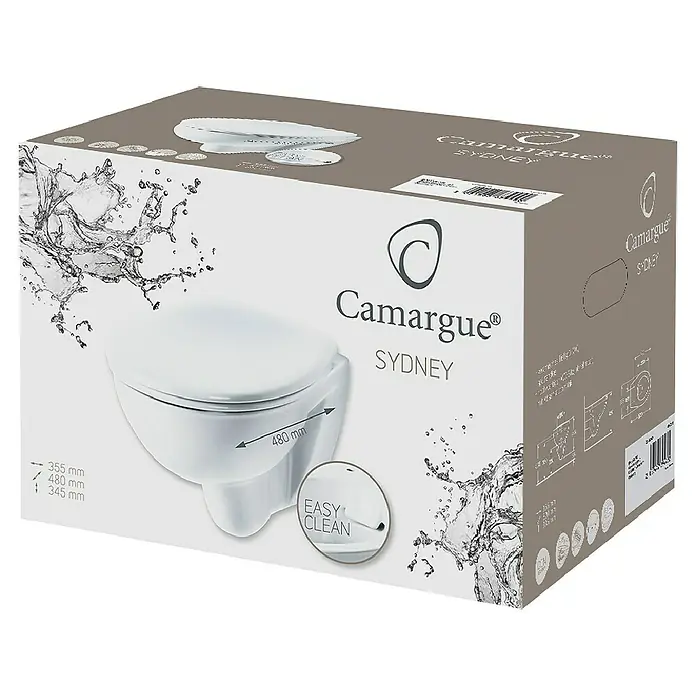 Camargue Sydney Wand-WC-Set - Spülrandlos, Ohne Spezialglasur, Spülform: Tief, WC Abgang: Waagerecht, Weiß, Länge: 48 cm - Verpackung der Camargue Sydney Wand-WC-Garnitur mit den Maßen 355 mm, 480 mm und 345 mm, inklusive "Easy Clean"-Funktion für einfache Reinigung.