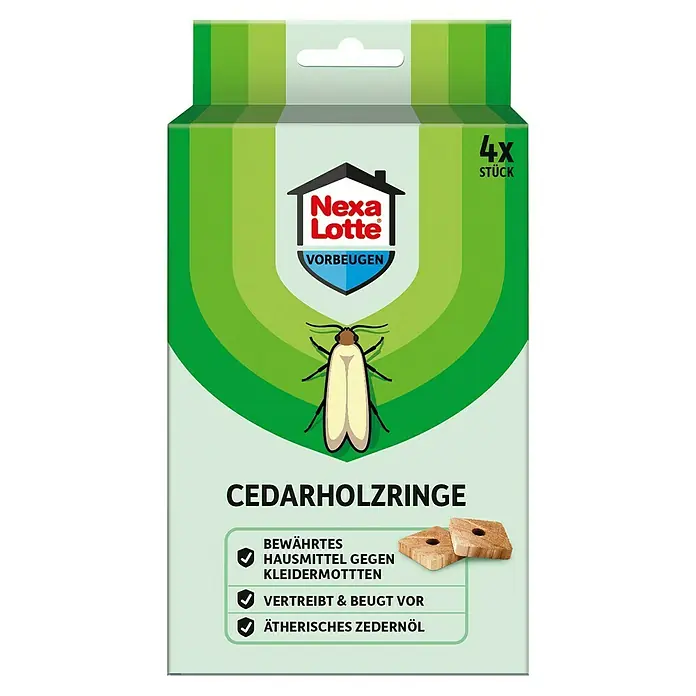 Nexa Lotte Vorbeugen Cedarholzringe - 4 Stk. - Produktbild von Nexa Lotte Zedernholzringe gegen Kleidermotten, 4 Stück. Natürlicher Schutz mit ätherischem Zedernöl.