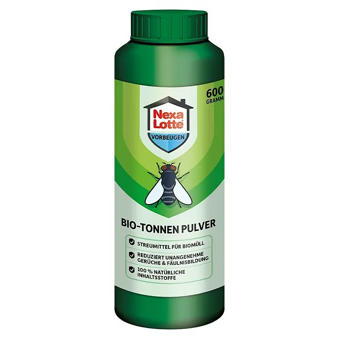 Nexa Lotte Biotonnen-Pulver - 600 g - Eine grüne Flasche Bio-Tonnen Pulver von Nexa Lotte zur Vorbeugung gegen Gerüche und Fäulnisbildung, mit einem Fliegenmotiv auf dem Etikett.