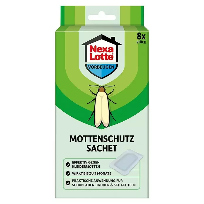 Nexa Lotte Vorbeugen Mottenschutz Sachet - 8 Stk. - Nexa Lotte Mottenschutz Sachet Box mit 8 Stück, wirksam gegen Kleidermotten für bis zu 3 Monate in Schubladen.