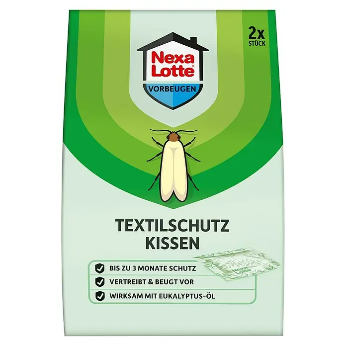 Nexa Lotte Vorbeugen Kleidermottenfalle Kissen - 2 Stk. - Nexa Lotte Textilschutzkissen: Schützt Textilien bis zu 3 Monate mit Eukalyptus-Öl, vertreibt Motten und beugt vor. 2 Stück Packung.