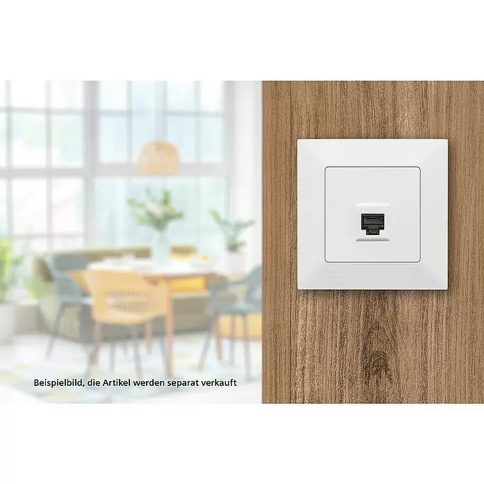 Siemens DELTA Mega Netzwerk-Anschlussdose SIE044103 - Polar Weiß, Glänzend, 1 Stk. - Weiße Datendose mit RJ45-Anschluss, an einer hellbraunen Holzwand montiert.