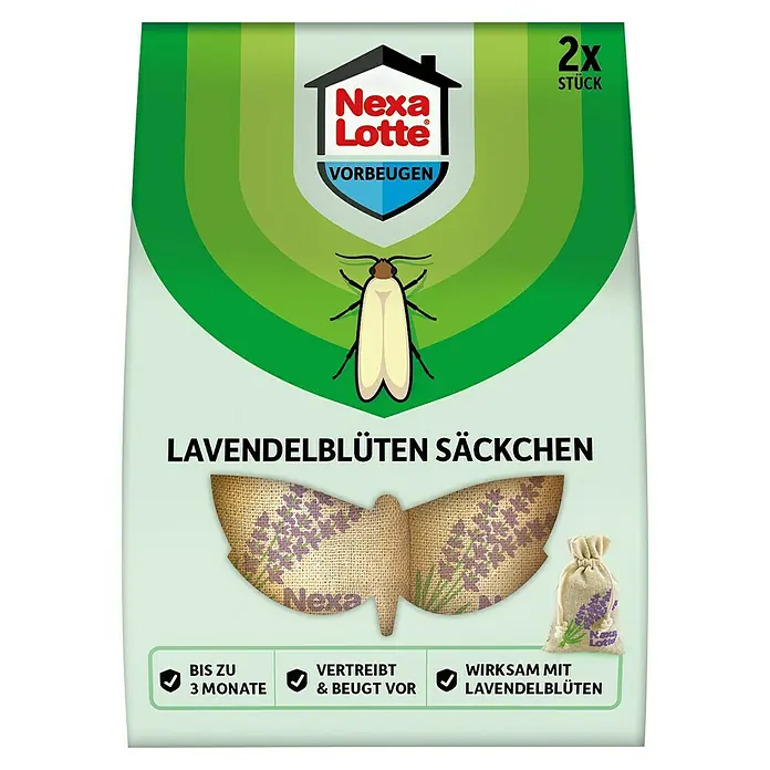 Nexa Lotte Vorbeugen Lavendel-Duftsäckchen - 2 Stk. - Abbildung der Nexa Lotte Lavendelblüten Säckchen-Packung zur Vorbeugung von Motten, mit dem Versprechen von bis zu 3 Monaten Schutz.