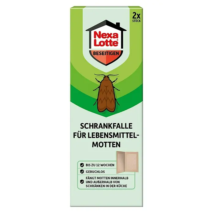 Nexa Lotte Beseitigen Lebensmittelmottenfalle - 2 Stk., L x B x H: 12 x 73 x 196 mm - Nexa Lotte Schrankfalle für Lebensmittelmotten, 2 Stück Packung, zur effektiven Bekämpfung von Lebensmittelmotten in Küchenschränken.