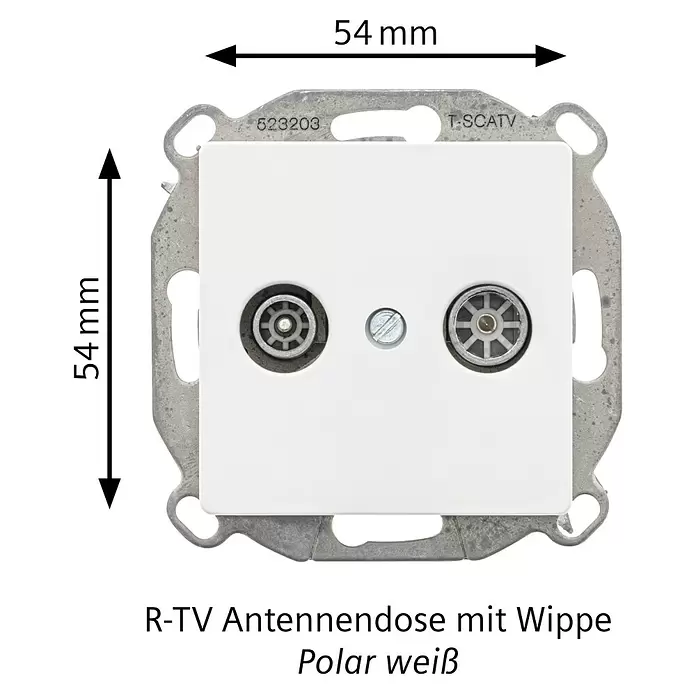 Siemens DELTA Mega Antennendose SIE044097 - Polar Weiß, Glänzend, Kunststoff, Unterputzmontage - Polar weiße R-TV Antennendose (54x54mm) mit Wippe, mit zwei Anschlüssen auf Metallrahmen.
